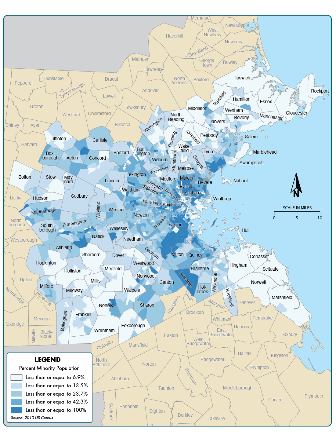 Figure 6-1 is a map showing the percent of the population that identifies as a minority across the 97 communities in the Boston region.